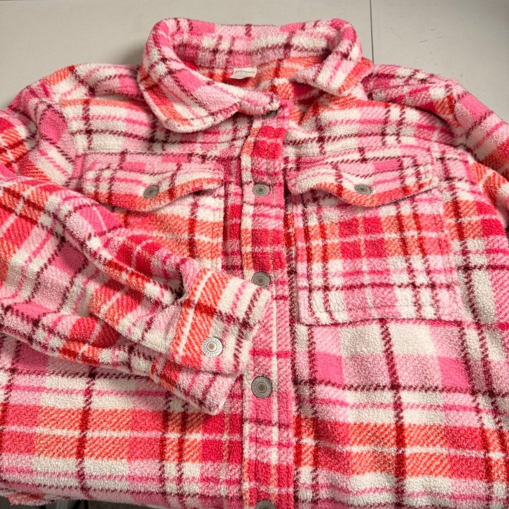 Thereabouts Kids Pink Orange Plaid Fleece Shacket Shirt Jacket XL 16 F22715